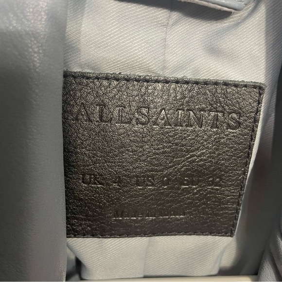 All Saints Moto Biker Zippered Belted 100% Lamb Leather Jacket size 0 Blue Gray - Picture 5 of 11